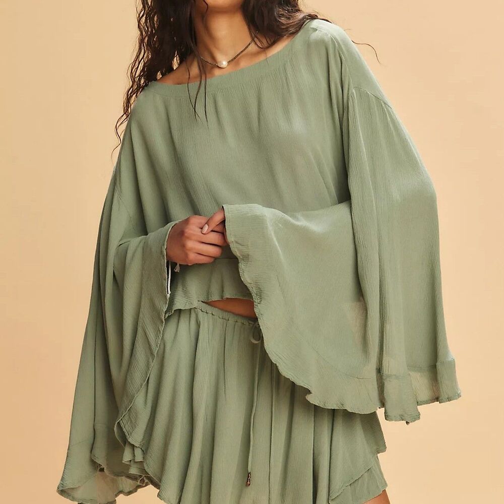 Free People Free Est Delilah Cropped Blouse Top Ruffle Boat Neck Solid M 291466